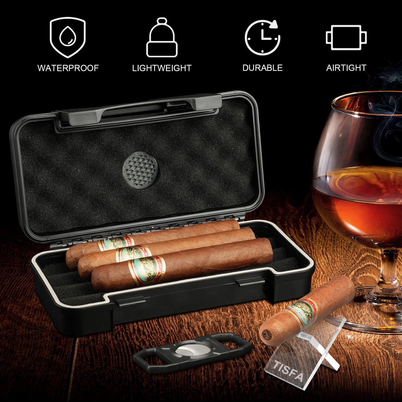 Estojo umidificador de viagem para charutos com cortador de charutos e suporte para charutos, umidificador de charutos portátil, caixa à prova d'água, conjunto de presente para homens