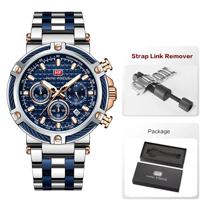 Mini foco analógico vestido de quartzo relógio masculino prata azul pulseira de aço inoxidável cronógrafo relógio de pulso luminoso com data 24 horas 0470