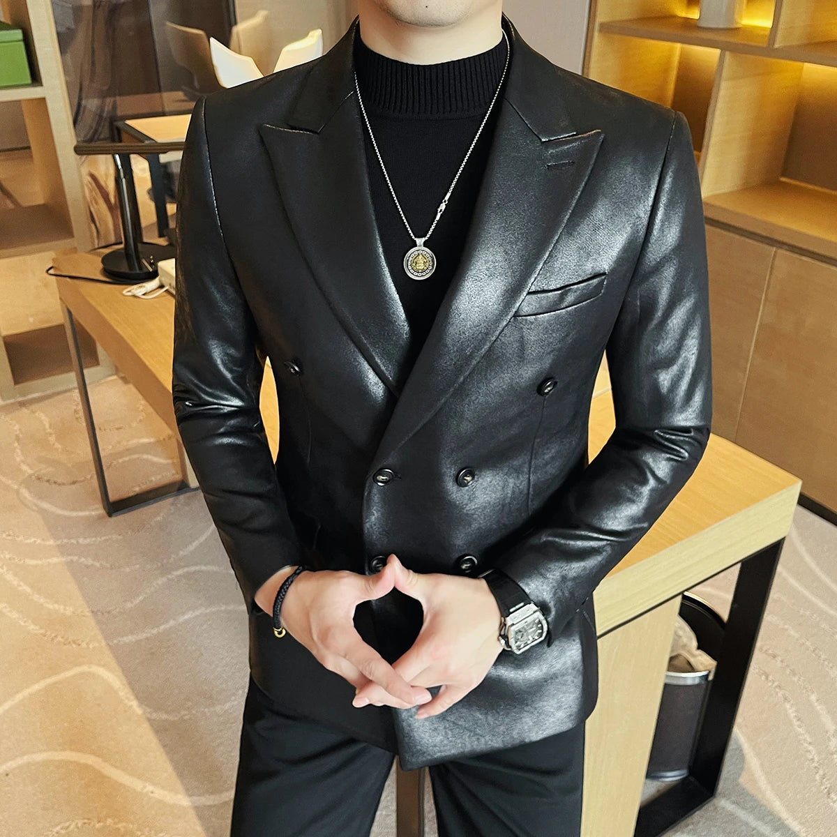 Retro duplo breasted jaqueta de couro dos homens high-end moda fino ajuste negócios casual terno casaco formal festa social baile smoking