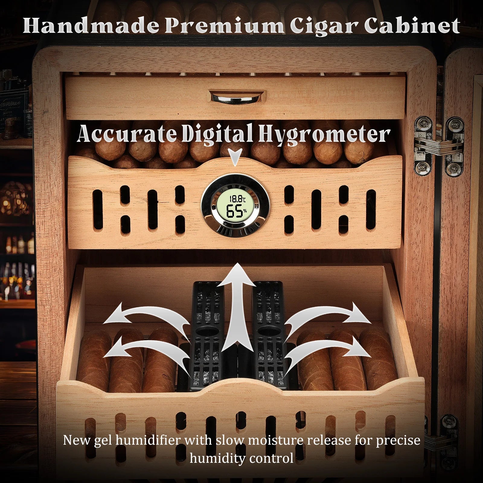 Humidor de charutos, armário de mesa com tampo de vidro, bandeja de cedro espanhol, gaveta de acessórios, 2 umidificadores e higrômetro digital, dia dos pais