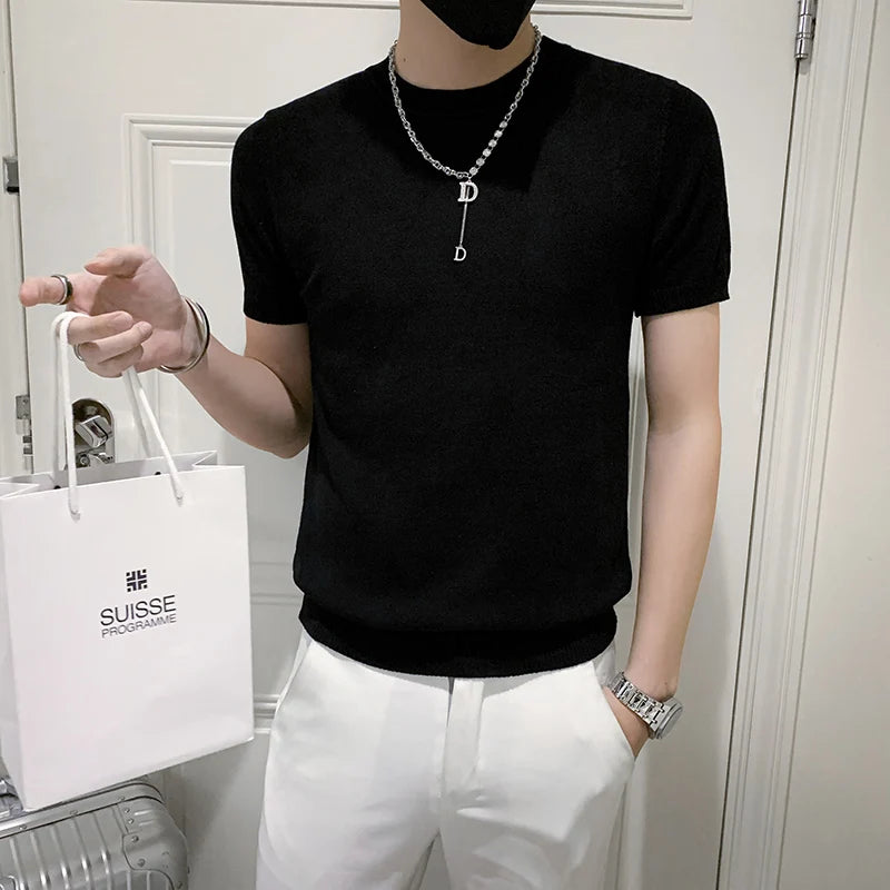 Verão fino pulôver meia gola alta camiseta masculina de malha manga curta topo masculino cor sólida camisola magro camiseta streetwear