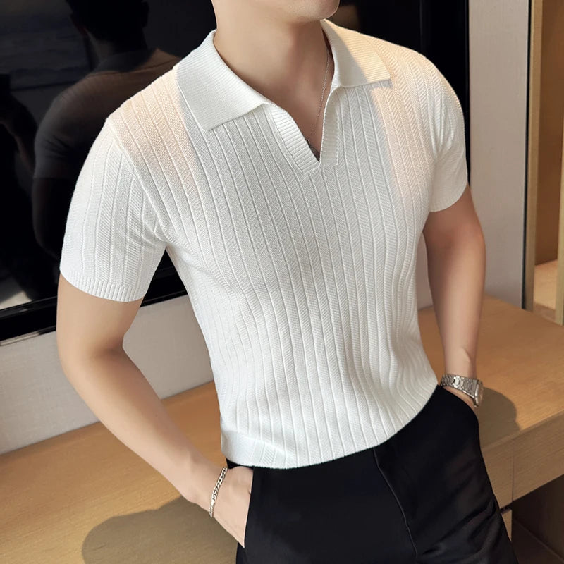 Camisas polo de malha com decote em v listrado masculino, manga curta, respirável fina, casual, moda social, novo, verão, 4XL, 2024