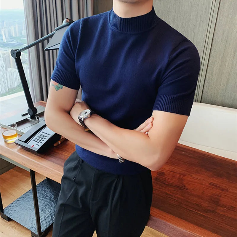 11 cores outono de alta qualidade manga curta malha t camisas dos homens fino sólido pullovers casual esticado camiseta streetwear homme