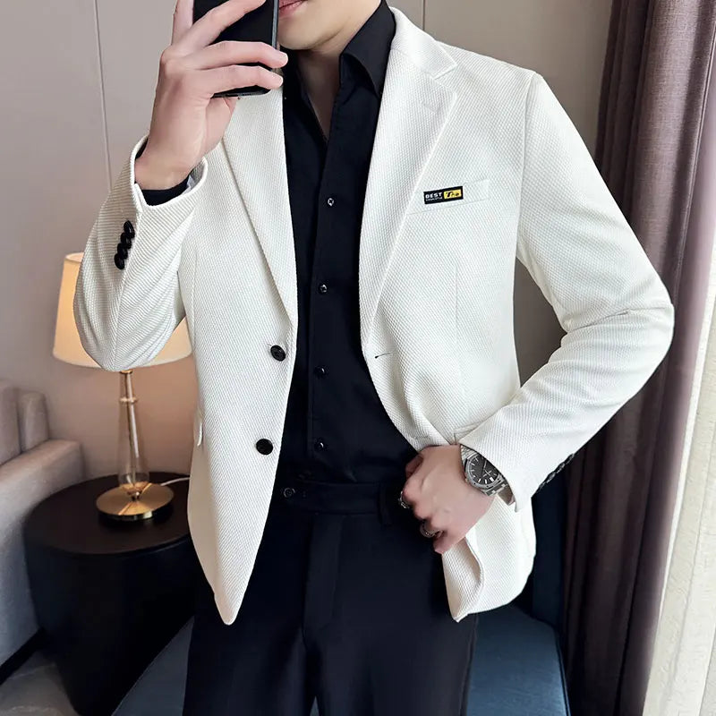 Nova lmitation algodão jacquard coreano fino ajuste terno jaqueta masculina moda casual negócios blazers casamento festa social vestido casacos
