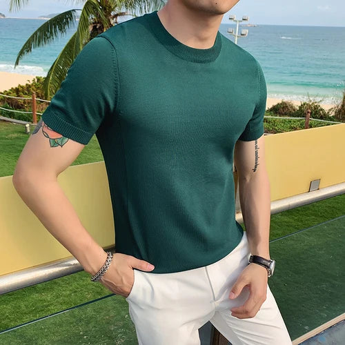 Estilo britânico verão gelo seda manga curta malha t camisas masculinas simples cor pura o-pescoço casual magro camiseta topo homme M-3XL