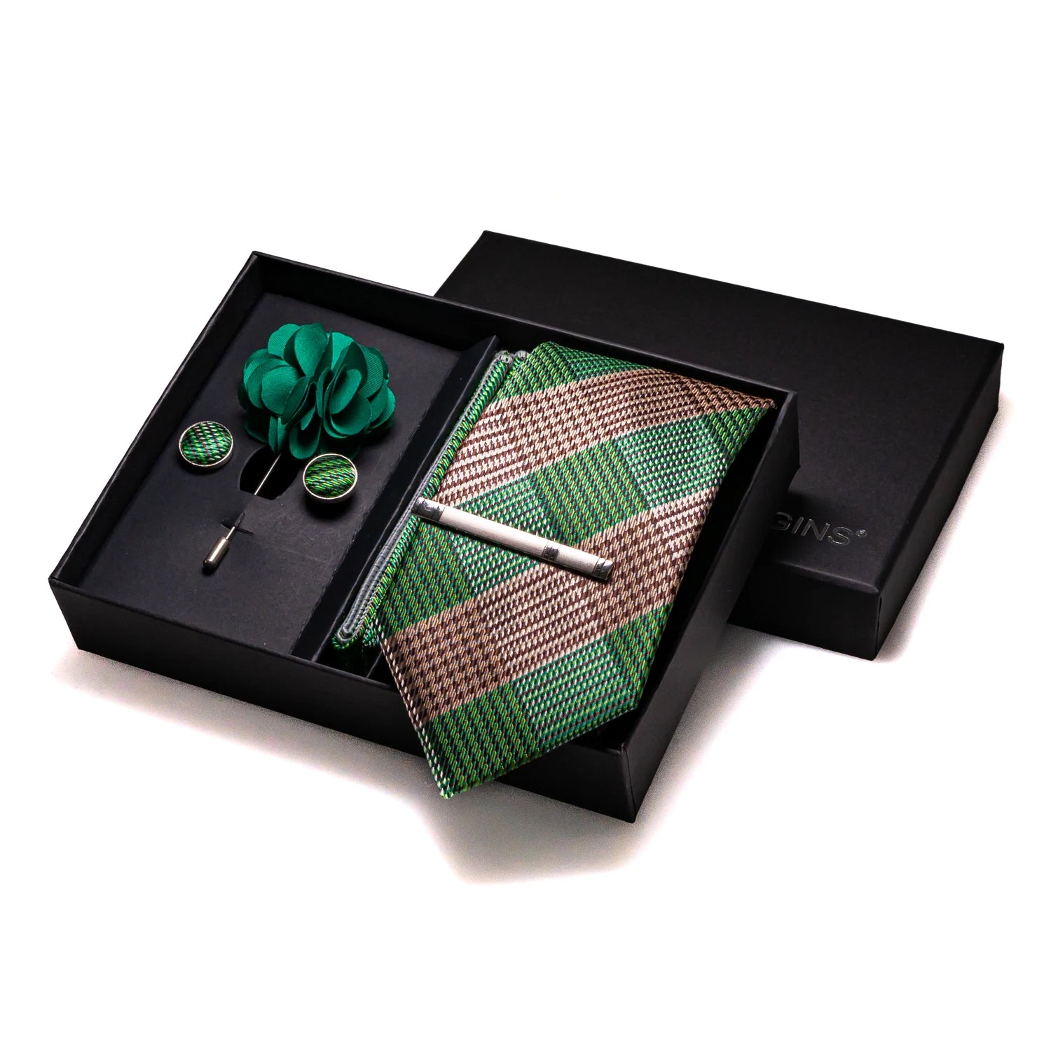 Gravatas luxuosas de seda com listras verdes escuras, acessórios de casamento, gravata masculina, bolso quadrado, abotoaduras, pino e caixa de presente elegante