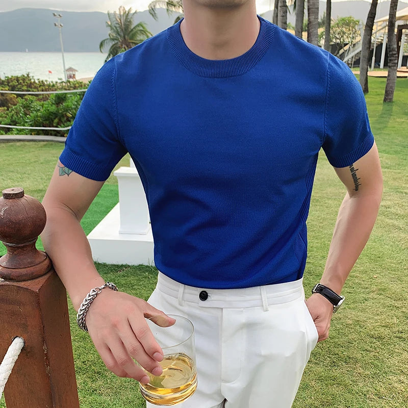 Estilo britânico verão gelo seda manga curta malha t camisas masculinas simples cor pura o-pescoço casual magro camiseta topo homme M-3XL