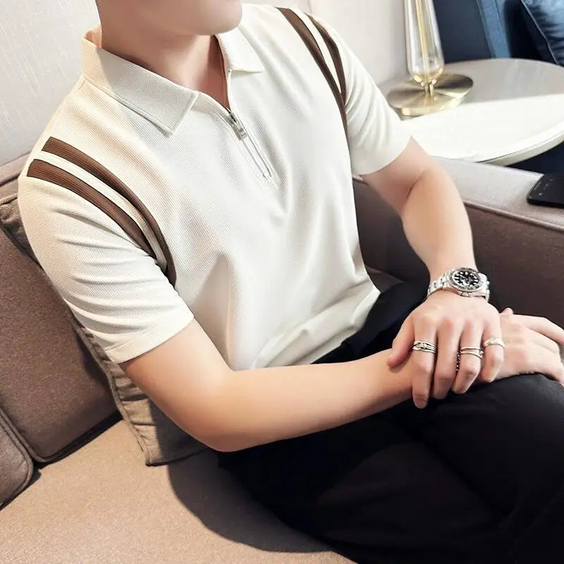 Verão Alta Elastic Stripe Manga Curta Polo Camisas 2023 Homens de Negócios Casual Zipper T-shirt Tops Streetwear Plus Size 4XL-M