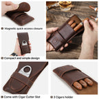 Suporte de charutos de 3 dedos em couro genuíno vintage, caixa portátil do humidor com estojo cortador, saco de presente masculino
