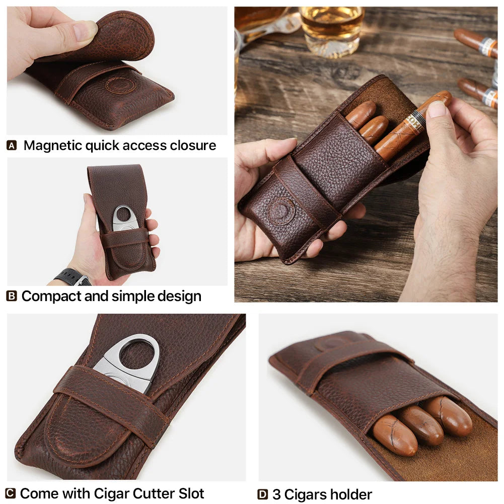 Suporte de charutos de 3 dedos em couro genuíno vintage, caixa portátil do humidor com estojo cortador, saco de presente masculino