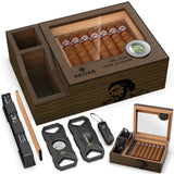 Humidor de charutos com cortador de charutos, cortador em V, conjunto de perfurador, caixa de charutos do Humidor com umidificador e higrômetro digital, caixa de cedro superior de vidro