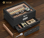 Umidificador de charutos, caixa de charutos de madeira de cedro com umidificador higrômetro digital, balança de medição e gaveta, presentes de umidificador de mesa superior de vidro