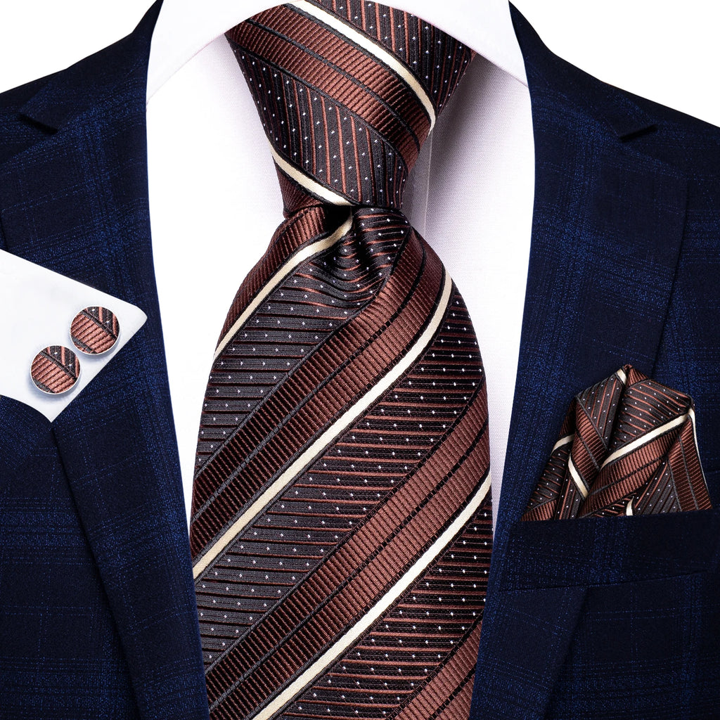 Hi-tie listrado borgonha azul preto masculino elegante gravata lenço abotoaduras 3 pçs conjunto moda clássico seda gravata de luxo para homem