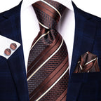 Hi-tie listrado borgonha azul preto masculino elegante gravata lenço abotoaduras 3 pçs conjunto moda clássico seda gravata de luxo para homem