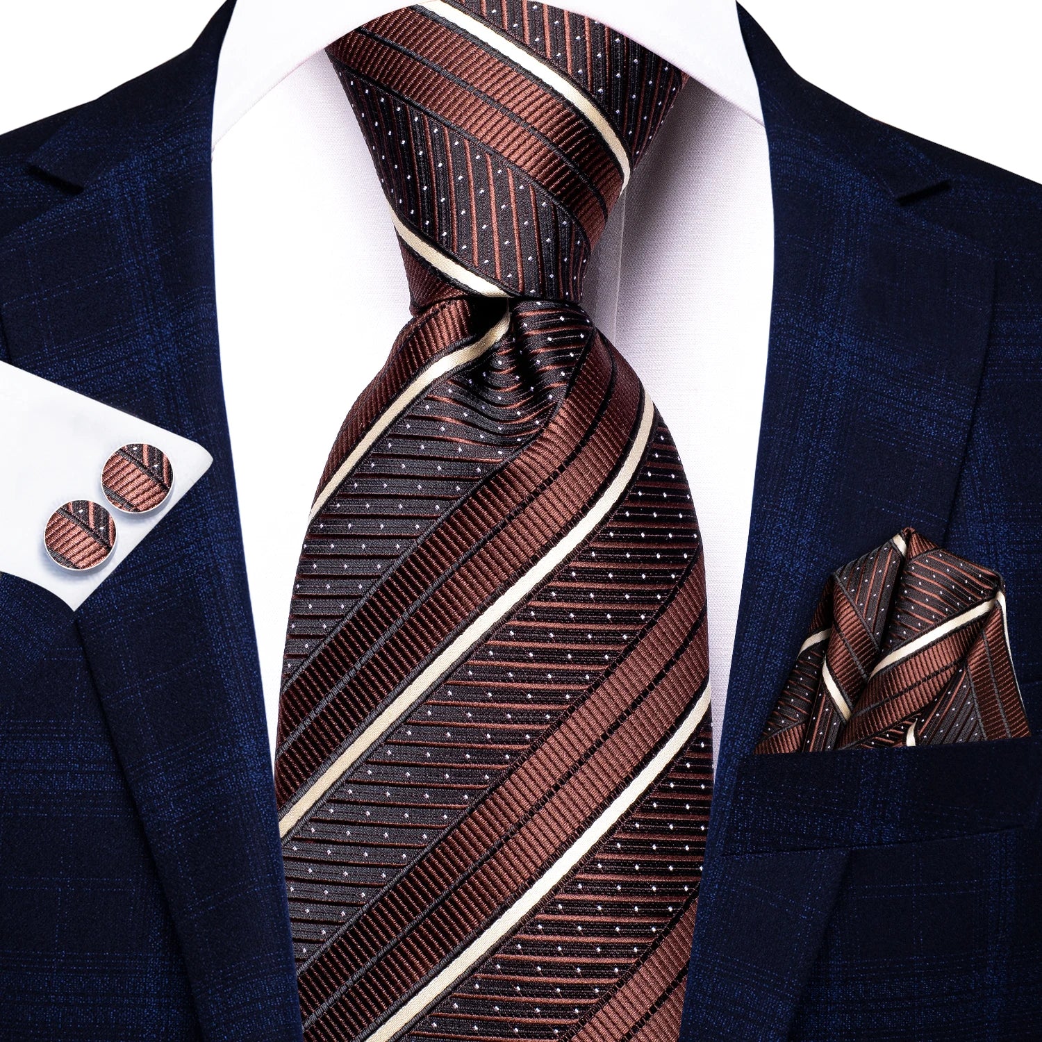 Hi-tie listrado borgonha azul preto masculino elegante gravata lenço abotoaduras 3 pçs conjunto moda clássico seda gravata de luxo para homem