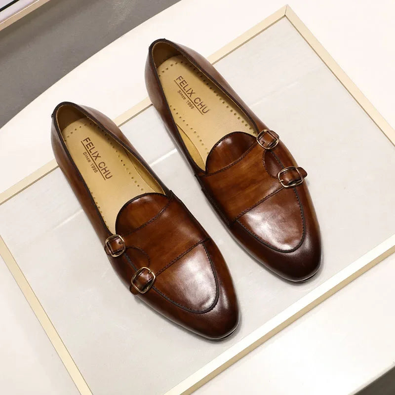 Felix chu mocassins masculinos de couro genuíno feitos à mão com alça de monge sapatos casuais para festa de casamento calçados de verão e outono