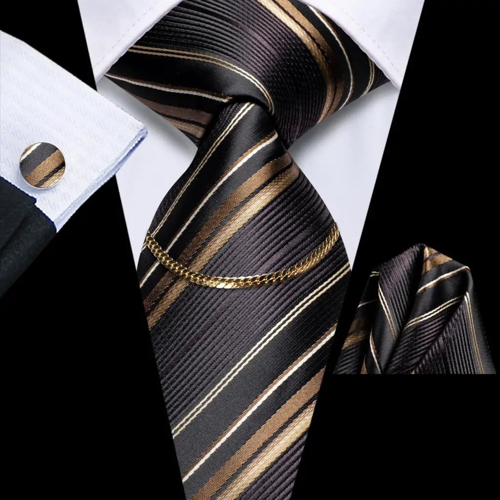 Hi-Tie-Gravatas de seda xadrez de luxo masculinas, conjunto de abotoaduras, design preto, presente de casamento, corrente de gravata moda