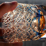 Edo cortar copo de margarida azul feito à mão, copo de salte de vidro de borosilicato alto, copo de uísque de alta beleza