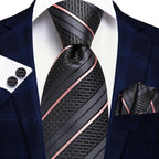 Hi-tie listrado borgonha azul preto masculino elegante gravata lenço abotoaduras 3 pçs conjunto moda clássico seda gravata de luxo para homem