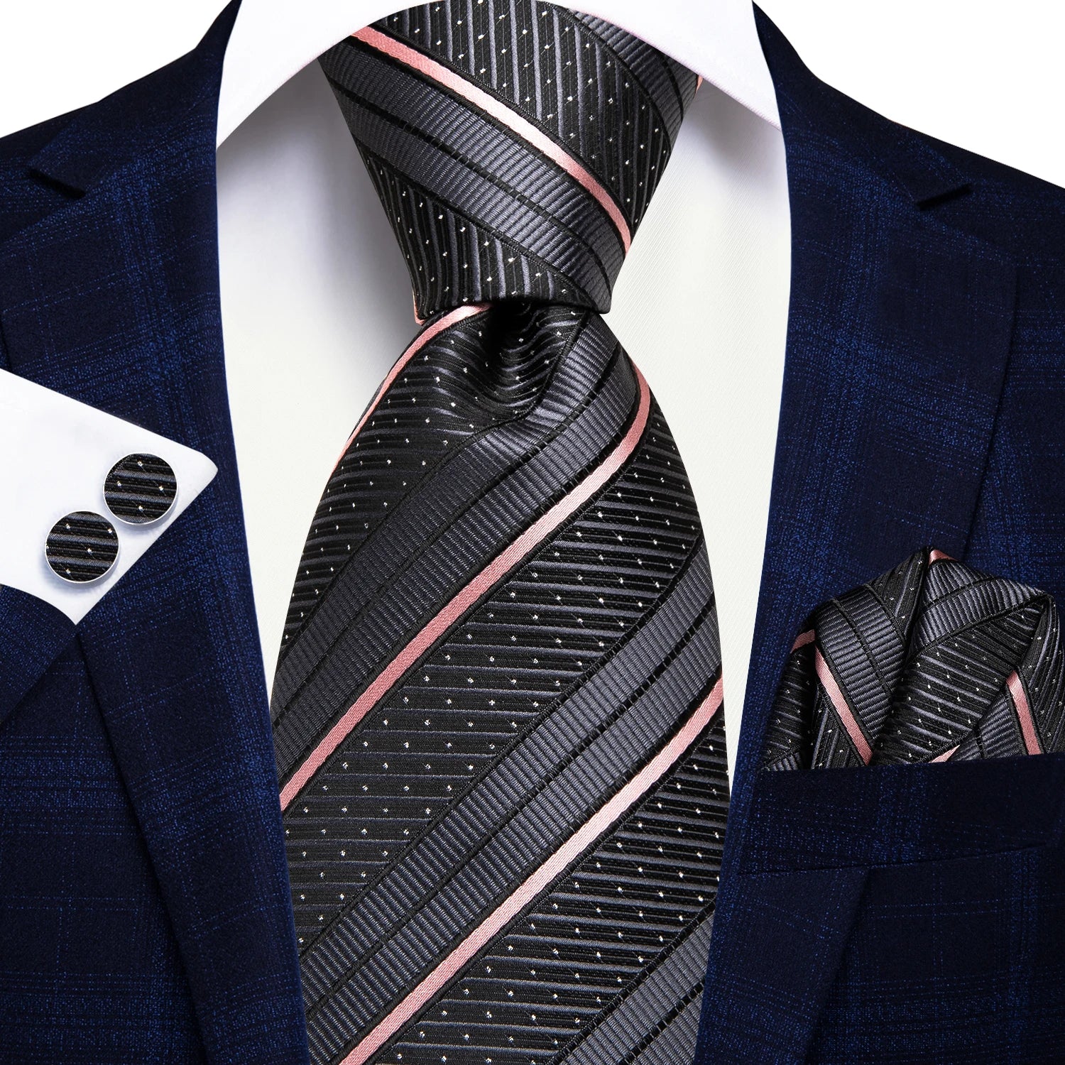 Hi-tie listrado borgonha azul preto masculino elegante gravata lenço abotoaduras 3 pçs conjunto moda clássico seda gravata de luxo para homem