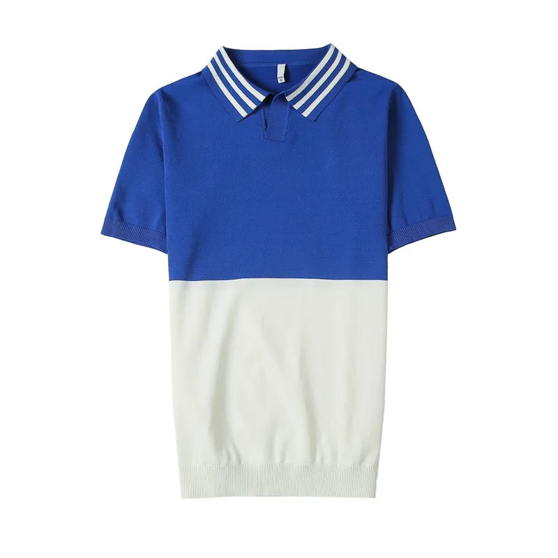Camiseta polo masculina emendada com gola v, alta qualidade, manga curta, seda gelada, elasticidade, camiseta casual de lapela, 3XL-M, verão, 2023