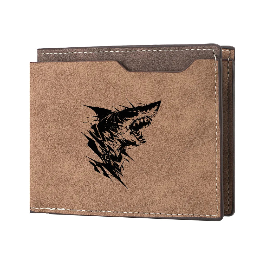 Carteira curta masculina com padrão de tubarão couro PU retrô design casual carteira com slot para vários cartões para jovens estudantes