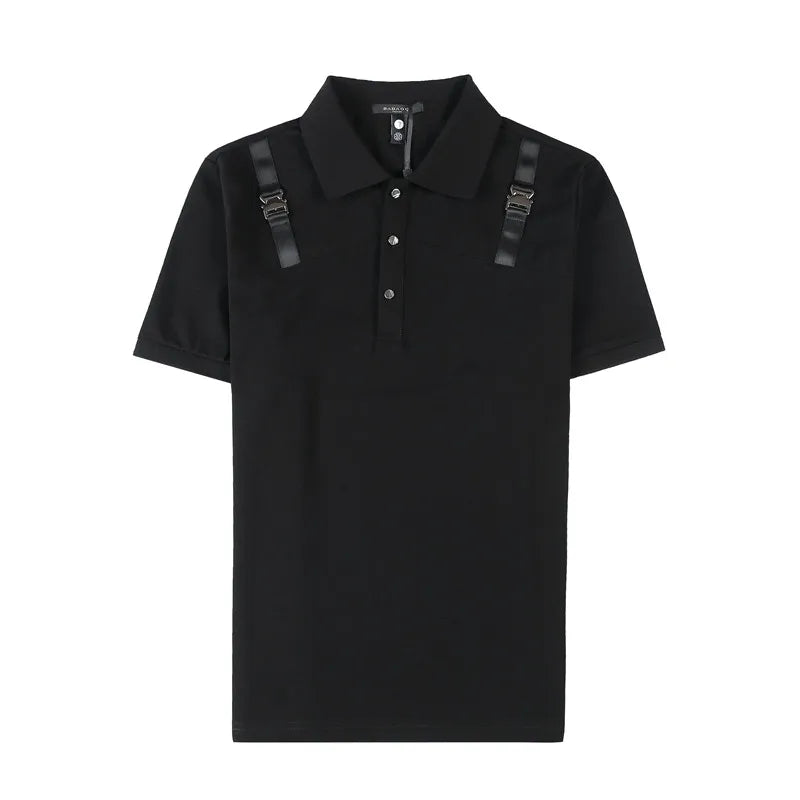 Estilo britânico Verão Manga Curta Lapela Polo Camisas Para Homens 2023 Nova Personalidade Alça de Ombro Social Slim Fit T-shirt Tops