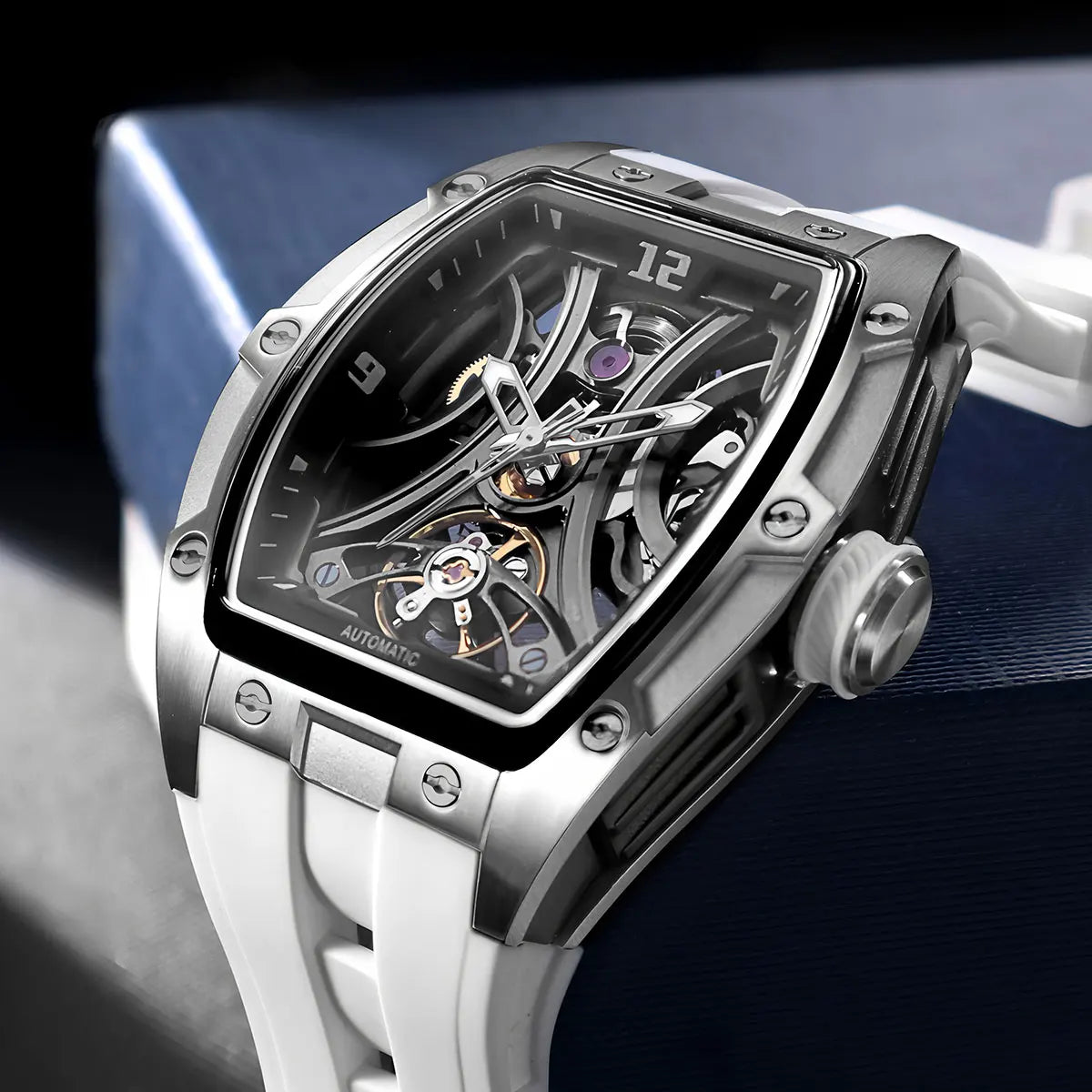 MEGIR Moda Esportes Relógio Mecânico para Homens Relógio de Pulso Automático com Pulseira de Silicone Transparente Tonneau Dial