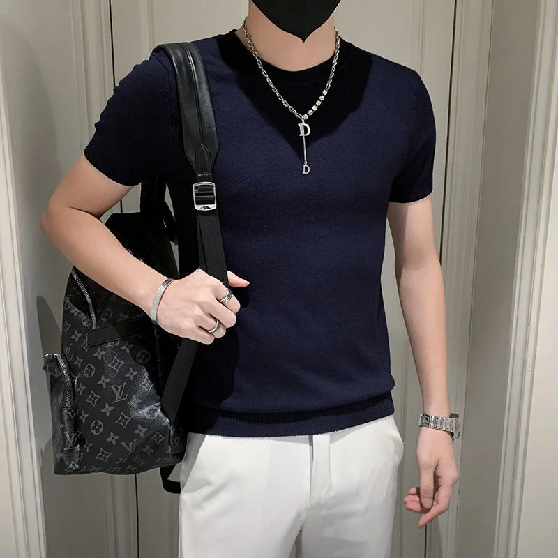 Verão fino pulôver meia gola alta camiseta masculina de malha manga curta topo masculino cor sólida camisola magro camiseta streetwear