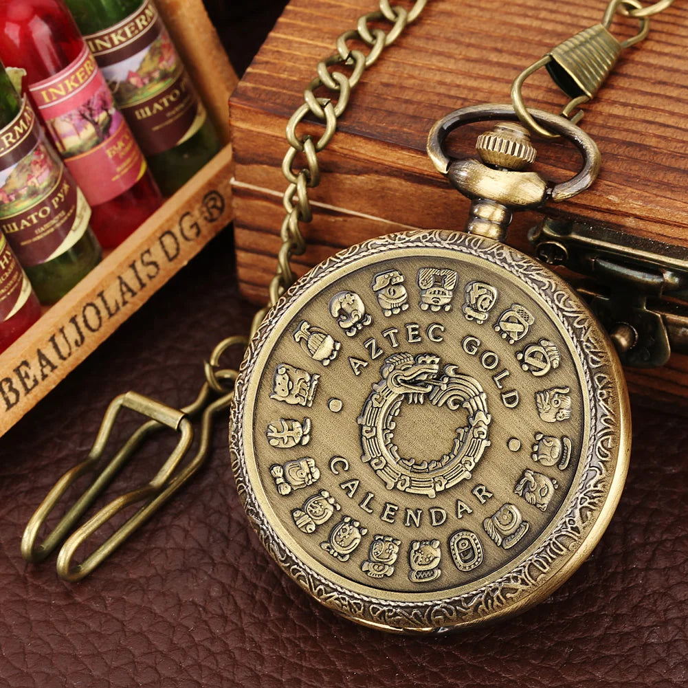 Bronze mexicano maya asteca calendário arte profecia cultura banhado a ouro moeda relógio de bolso de quartzo com colar de 80cm/corrente de cintura de 38cm