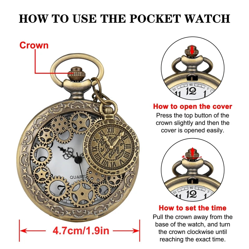 Vintage antigo cobre steampunk bronze oco engrenagem relógio de bolso de quartzo colar pingente corrente relógio masculino feminino com acessório