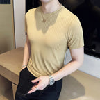 Verão gelo seda elástica listra fina camiseta masculina fino ajuste manga curta tripulação pescoço respirável versátil camiseta topos 4xl-m