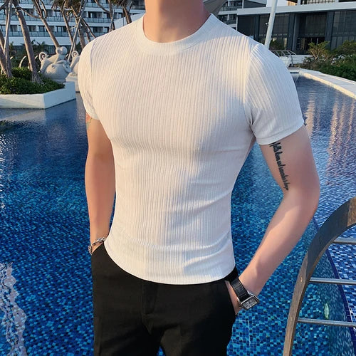 Estilo britânico verão fino gelo seda sólida t camisas roupas masculinas 2022 em torno do pescoço manga curta fino ajuste casual camiseta topo streetwear