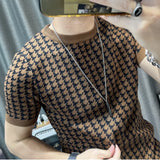 Novo houndstooth masculino manga curta camisola camiseta o pescoço de malha topo t streetwear alta qualidade clube social casual camiseta