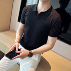 Camisa polo de malha fina de seda e gelo masculina, camiseta casual, manga curta, gola em O, justa, respirável, elástica, malha, masculina, verão