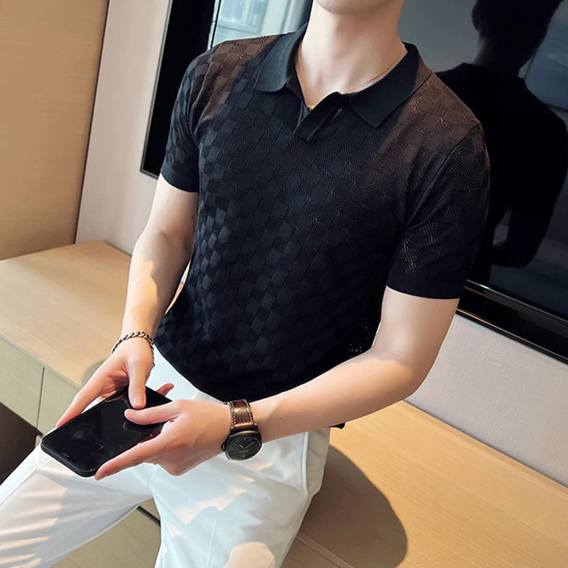 Camisa polo de malha fina de seda e gelo masculina, camiseta casual, manga curta, gola em O, justa, respirável, elástica, malha, masculina, verão