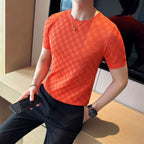Camiseta de malha transparente masculina de malha, alta elasticidade, manga curta com gola em O, camiseta oca, camiseta xadrez casual masculina, verão 2022