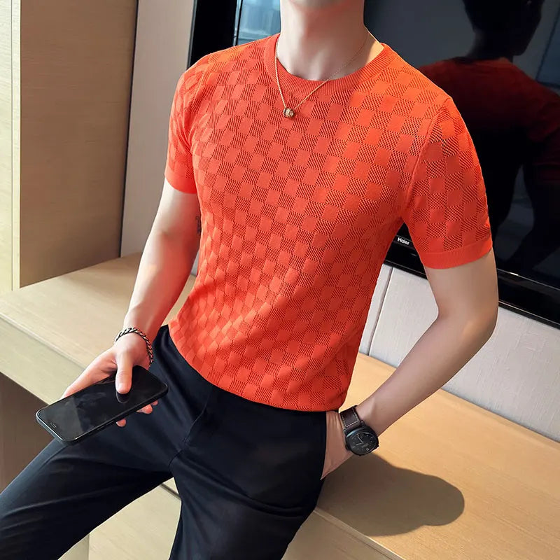 Camiseta de malha transparente masculina de malha, alta elasticidade, manga curta com gola em O, camiseta oca, camiseta xadrez casual masculina, verão 2022