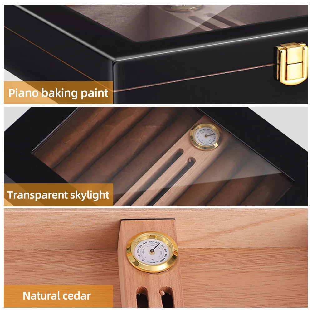 Caixa de armazenamento do humidor do charuto, Parte superior do vidro do cedro, Humidificadores do charuto do desktop, Estojo com acessórios do umidificador para homens, 10-18 charutos