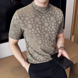 Dot print camisetas masculinas verão meia alta pescoço cor sólida fino ajuste casual versátil respirável t camisa pulôver roupas masculinas