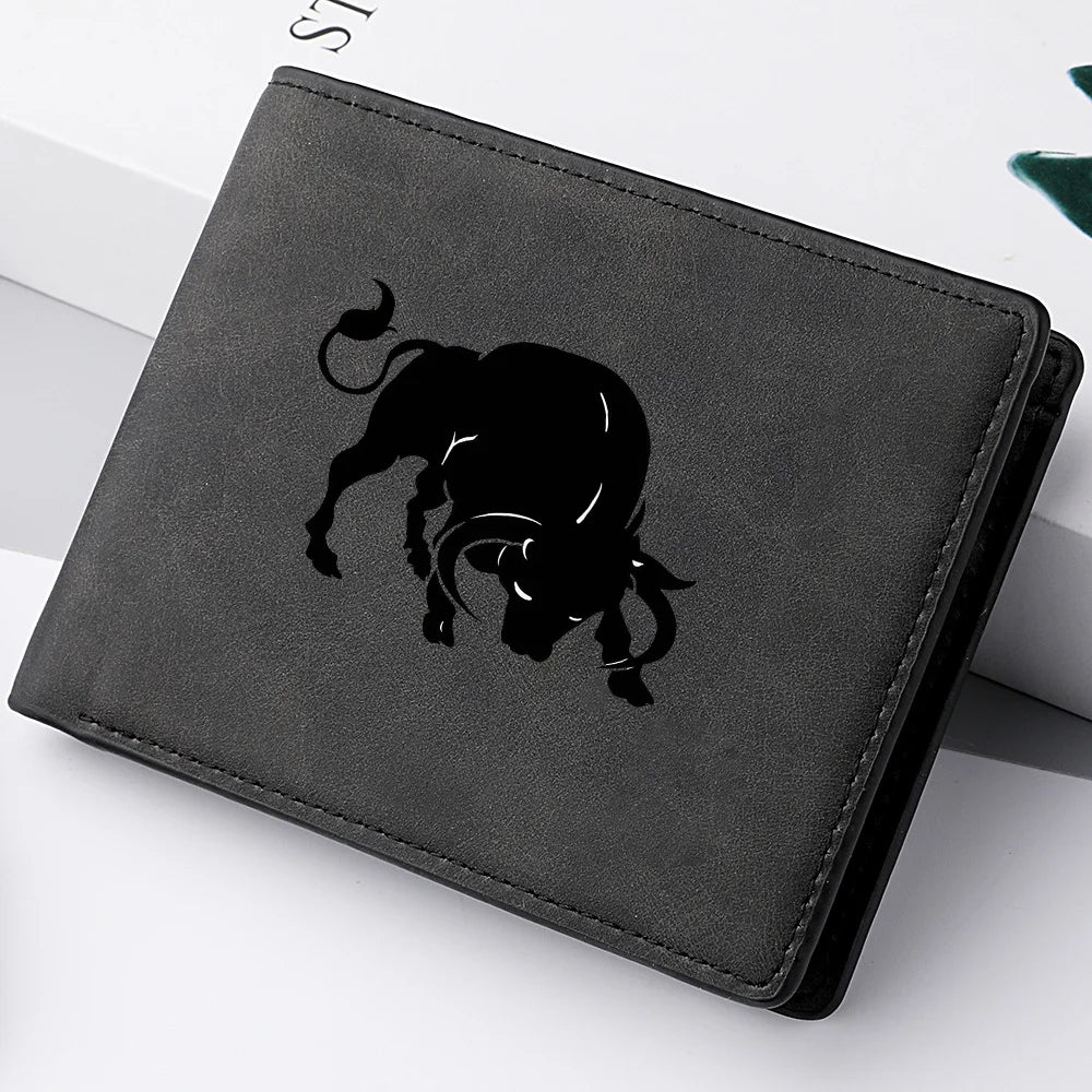 Mini carteira curta masculina com padrão de touro, zíper, bolso para moedas, porta-cartões com vários slots, presente ideal para estudantes jovens