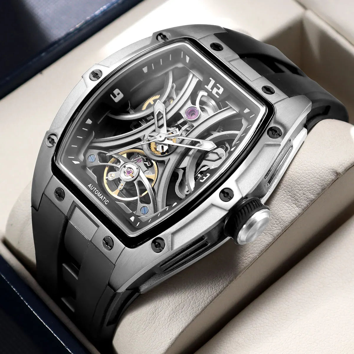 MEGIR Moda Esportes Relógio Mecânico para Homens Relógio de Pulso Automático com Pulseira de Silicone Transparente Tonneau Dial