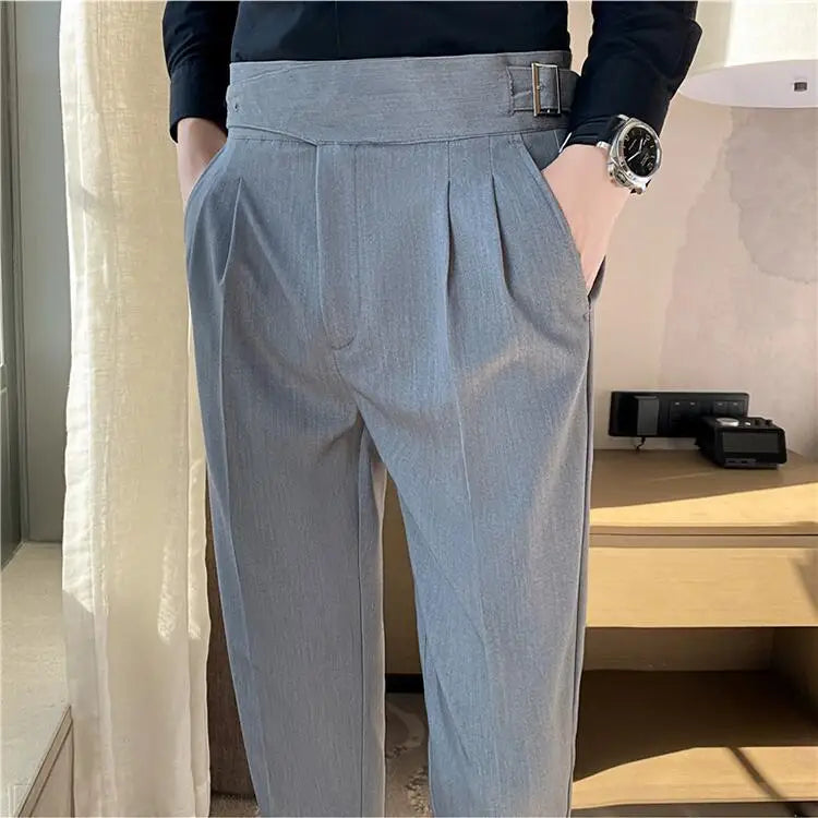 Estilo britânico masculino cintura alta vestido casual calça masculina cinto design calças finas formal escritório social festa de casamento vestido terno calças
