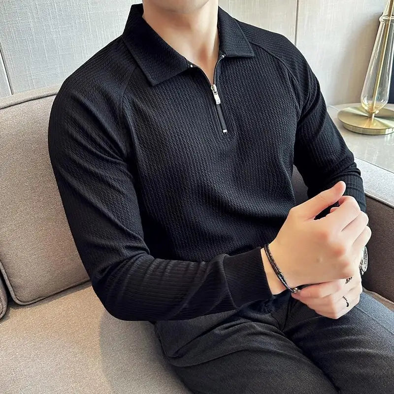 Camisa Polo masculina de Mangas Compridas Metade Zip, T-Shirt Pescoço V, Elástico Espessado, Casual Business Tee, Streetwear, 4XL-M, Primavera, Outono