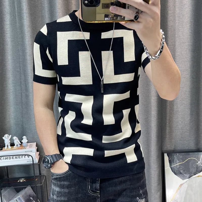 Camiseta coreana de malha com decote em O masculina, blusa de manga curta, camiseta justa, streetwear casual masculino, clube social, luxo, outono, 2022