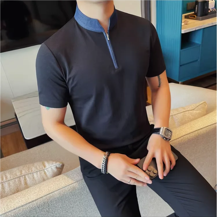 Camiseta masculina de verão com gola alta, moda meio zíper, pulôver, camisetas casuais, cor sólida, manga curta, slim fit