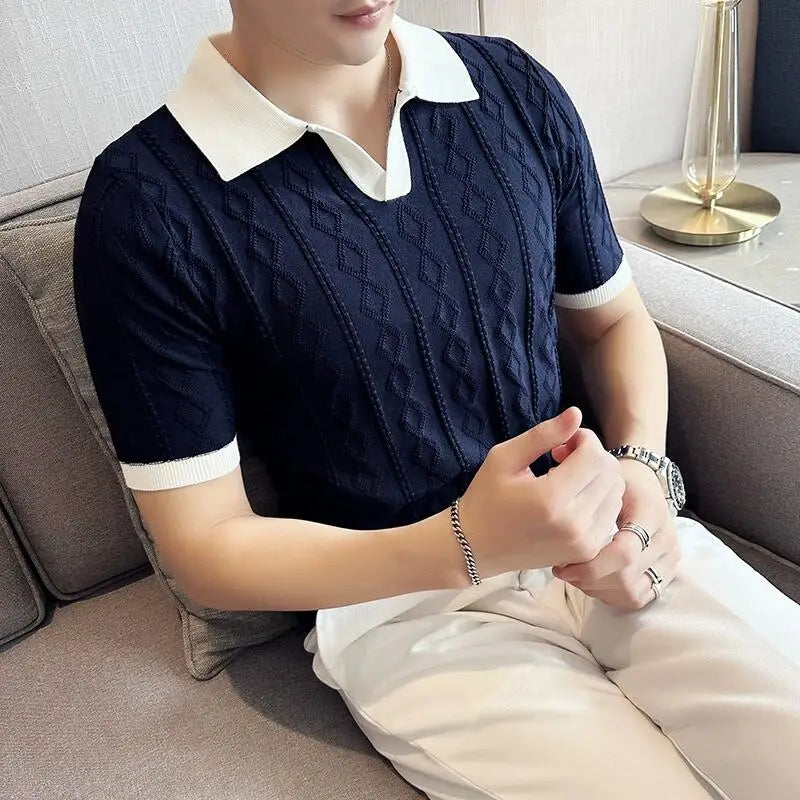 Verão listra jacquard manga curta camisa polo de malha masculina com decote em v contraste cor magro ajuste casual negócios camiseta topos 3xl