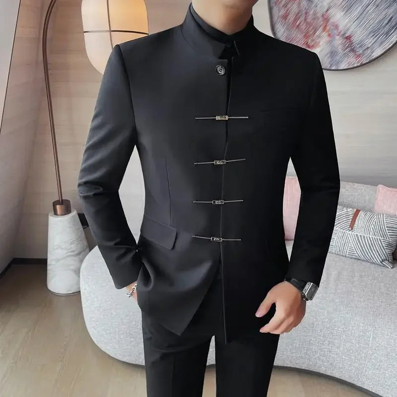 Estilo chinês gola alta terno jaqueta para homens de alta qualidade dos homens fino ajuste casual vestido de casamento social casaco roupas masculinas