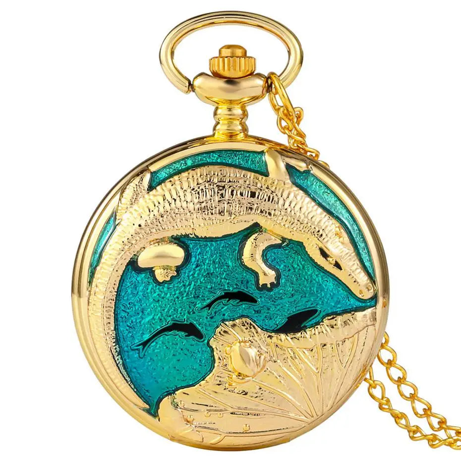 Real de luxo cor dourada crocodilo display quartzo bolso relógio colar moda azul pingente corrente fob steampunk relógios presentes