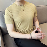 Verão gelo seda elástica listra fina camiseta masculina fino ajuste manga curta tripulação pescoço respirável versátil camiseta topos 4xl-m